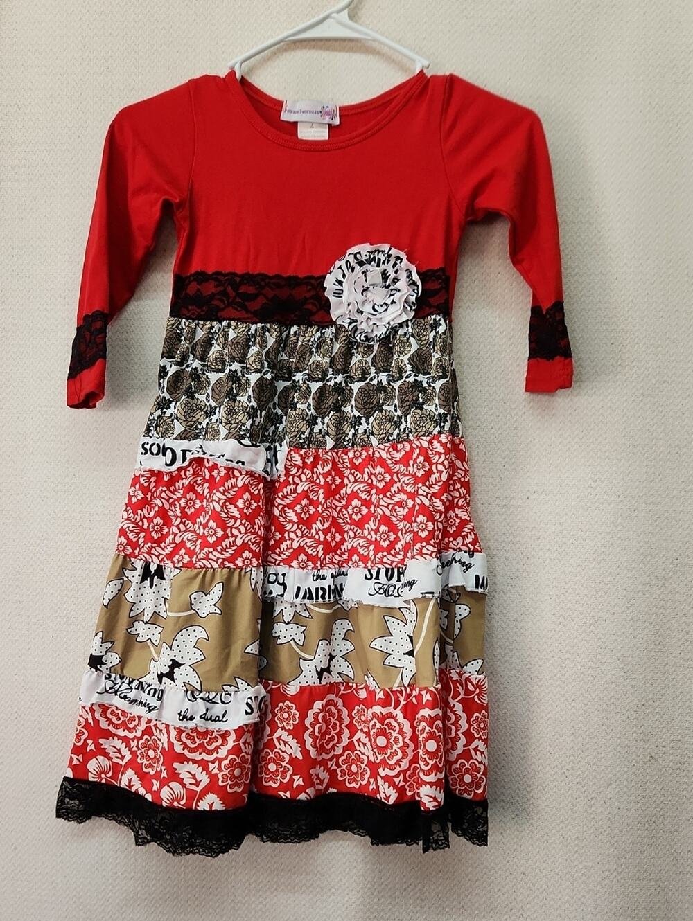 Girls' Red Mixed-Print Tiered Dress with Lace & Floral Rosette
